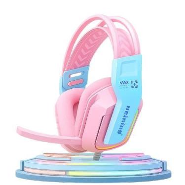 Imagem de Fone de ouvido sem fio com microfone headset gamer rosa rgb, som poten