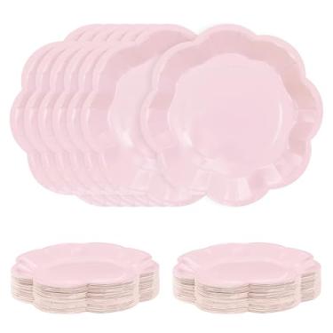 Imagem de SietDESEO 50 peças, pratos de papel rosa claro, pratos de sobremesa recortados de 17 cm, prato descartável rosa para festa, jantar, casamento, chá de bebê, prato de bolo de aniversário