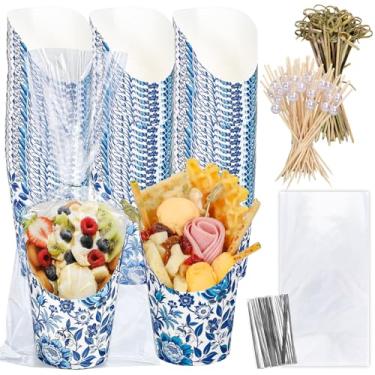 Imagem de FYSUIMU 50 peças de copos de charcutaria florais azuis com 200 sacos de palitos de coquetel, laços torcidos de 396 g, copo de aperitivo de papel descartável, suporte de batatas fritas para casamento