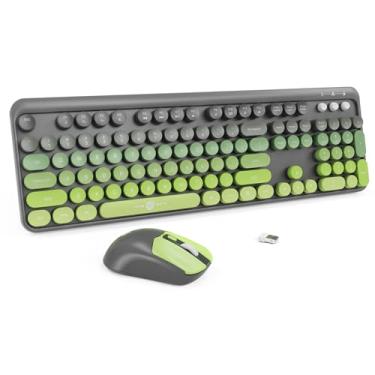 Imagem de Combo de teclado e mouse sem fio, 104 teclas redondas, teclado e mouse coloridos com máquina de escrever retrô para PC/Mac/Laptop/Tablet/Computador/Windows Cinza Verde