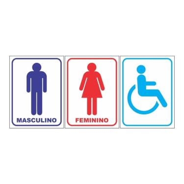 Imagem de Kit 3 Placas Para Banheiro Masculino Feminino Deficiente Pvc