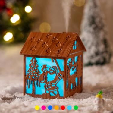 Imagem de Mini umidificador colorido e legal, estilo de cabine com tema natalino, umidificador de mesa pessoal USB, 2 modos de névoa, 7 cores, super silencioso, perfeito para quarto de bebê, escritório (madeira