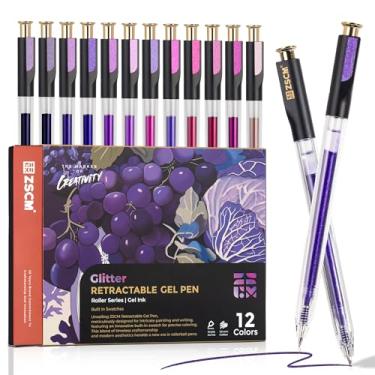 Imagem de ZSCM Canetas de gel retráteis com glitter, 12 cores de grande capacidade, roxa, brilhante, metálico, canetas de tinta gel, 1 mm de ponta fina, canetas coloridas para escrever livros de colorir para