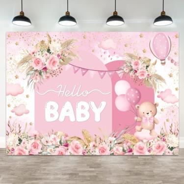 Imagem de ASDCXZ 1,5 x 0,9 m Hello Baby Pano de fundo rosa dourado boho floral para chá de bebê para fotografia balão estrelas nuvens banner decorações bem-vindas, recém-nascidos, celebração, festa, retrato de