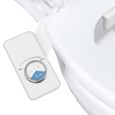 Imagem de Acessório de bidê não elétrico para assento sanitário. Possui bocais duplos autolimpantes que fornecem água doce com pressão ajustável. Oferece opções de lavagem traseira e feminina direcionadas