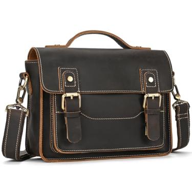 Imagem de Bolsa mensageiro masculina pequena de couro de 24,6 cm vintage bolsa tiracolo bolsa de ombro para bolsa de escritório, marrom escuro, Marrom escuro 9505