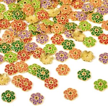 Imagem de Spritewelry 200 peças de tampas de contas de flores, tampas douradas vintage de 5 pétalas florais, 8 mm, 5 cores, liga esmaltada, espaçador, contas, terminais para fazer joias, brincos, colar
