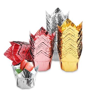 Imagem de EUSOAR Forros de cupcake, copos de folha de alumínio de 100 ml, 150 peças, copos de muffin, copos descartáveis de cupcake estilo tulipa, copos de cozimento, suportes de ramekin de forma de cupcake de
