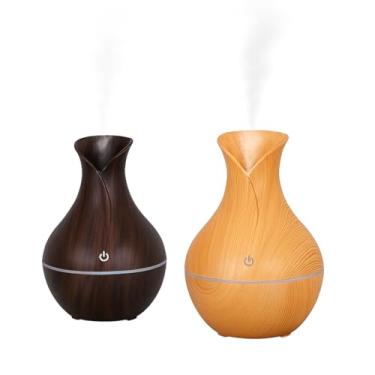 Imagem de Umidificador de Ar Vaso de Flor Madeira 130ml Luz LED, USB, Aromatizador Portátil 3W Silencioso
