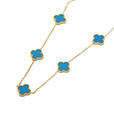 Imagem de Colar Madrepérola Dupla Face, Trevo, Aço Titânio, Ouro 18K (Azul claro)