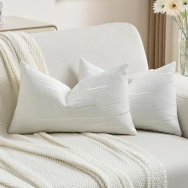 Imagem de FUTEI Conjunto de 2 capas de almofada decorativas de chenille branco, 30 x 50 cm, macias e aconchegantes em relevo, listradas, texturizadas, decoração de casa moderna para sofá-cama, sala de estar