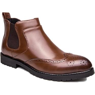 Imagem de Botas Curtas Chelsea Masculinas De Couro Retrô Brogue Chukka Botas De Tornozelo Elásticas Slip-on Formal, Brown, 5 UK