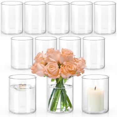 Imagem de Vasos cilíndricos de vidro pequenos de 12 cm para centros de mesa | 12 vasos de flores transparentes para decorações de casamento, vasos de vela flutuantes a granel, castiçais de furacão para mesa