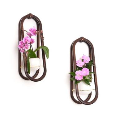 Imagem de NEKL Plantadores de parede de madeira para ambientes internos com vaso de cerâmica – Prateleira moderna suspensa para plantas de interior, suporte de parede para sala de estar, quarto, decoração de