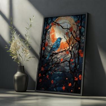 Imagem de Quadro Decorativo Pássaro Azul Lua Cheia Com Moldura Arte Noturna Vidro Colorido Natureza Mosaico Moderno Poético Parede