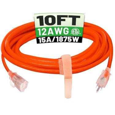 Imagem de POWGRN Cabo de extensão externo 12/3 de 3 metros, impermeável, resistente, com extremidade indicadora iluminada, calibre 12, 3 pinos, cabo de alimentação longo flexível resistente ao frio, externo