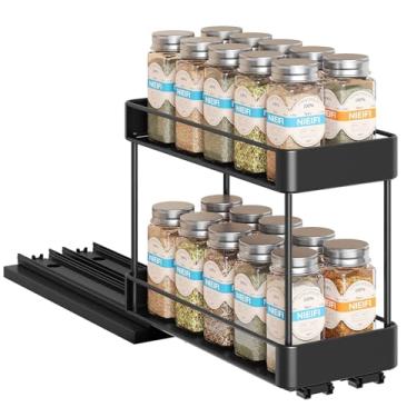 Imagem de Nieifi Organizador de temperos para armário, suporte vertical para temperos, fácil de instalar, metal, 11 x 22 cm de altura, 1 pacote, 2 camadas (preto)