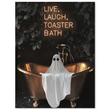 Imagem de MWZUPQ Pôster de fantasma de banho gótico de Halloween Dark Horror Fun Banheira Arte de parede Live Laugh Toaster Ghost impressões em tela para banheiro banheiro decoração de parede 30,5 x 40,6 cm sem