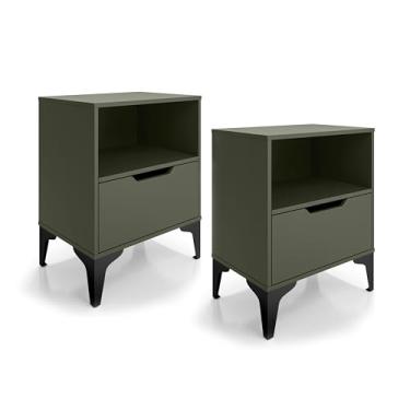 Imagem de Kit com 2 Mesas de Cabeceira Vegas 1 Gaveta com Puxador Cava Nicho Espaçoso e Pés de Ferro - LH Móveis (Verde/Pé Preto)