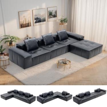 Imagem de MEISIMAN Sofá de couro de 345 cm, sofá em forma de L - sofás seccionais com otomano, sofá modular vintage de assento profundo e sofá de nuvem de espuma viscoelástica para sala de estar, sem
