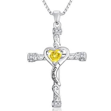Imagem de VANAODUC Colar feminino com cruz de pedra do mês de nascimento, ouro 14K, ouro branco 18K, ouro rosa, pingente feminino I Love You, presente de aniversário e Natal para sua mãe, esposa, namorada