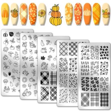 Imagem de PH PandaHall Pratos de carimbo de unha com tema de outono de ação de graças, 126 padrões, modelo de unhas de aço inoxidável, 5 peças, placa de arte de unhas de bordo de abóbora, para outono, dia de