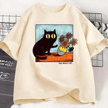 Imagem de Camiseta Gráfica De Gato Preto Flor Masculina Feminina Van Gogh Gola R