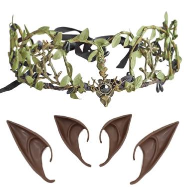 Imagem de LINSINA Coroa de flor de fada e orelhas de elfo, acessórios de fantasia renascentista com 2 pares de orelhas de elfo para mulheres (green-bb)