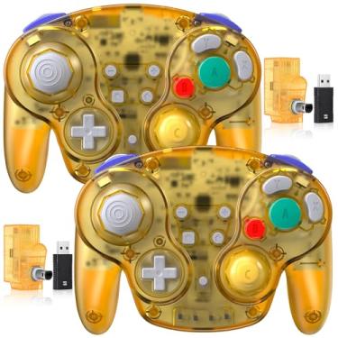 Imagem de 2 Pack 2.4 GHz Wireless GameCube Switch2 Pro Controller, for NGC GameCube Console, Switch/Switch OLED/ Switch2, PC, Steam Deck, PC (Built-in Rumble) (Rechargeable) (Plug and Play) Clear Yellow