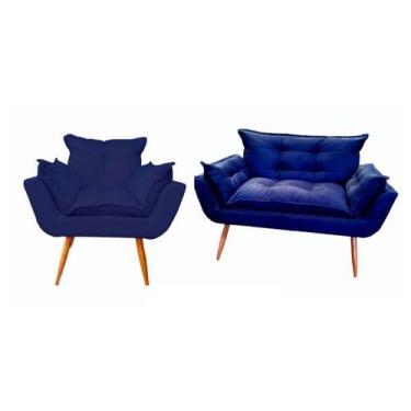 Imagem de kit 1 Namoradeira 1 poltrona para sala  confortavel Opala - Azul Marin