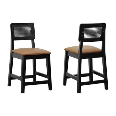 Imagem de Kit 2 Banquetas Baixa/Cadeira Gabi Madeira Maciça Encosto Telinha Assento Estofado - Preto - Assento Estofado Corano Marrom Mescla