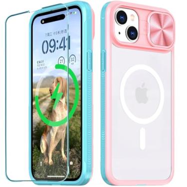 Imagem de WATEFULL Capa transparente compatível com iPhone 15 Plus MagSafe capa de câmera deslizante, [ímãs fortes][antiamarelo] moldura de TPU macia traseira de acrílico transparente, 1 película protetora de tela para iPhone 15 Plus (azul + rosa)