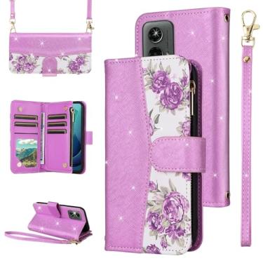 Imagem de Furiet Capa carteira floral para Motorola Moto G 5G 2024 com alça de pulso/ombro, suporte de cartão de couro PU com glitter de luxo acessórios para celular G5G 5 G G5 feminino roxo
