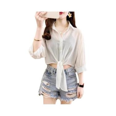 Imagem de Blusa Feminina De Verão Com Proteção Solar, Cor Sólida, Chiffon, Manga