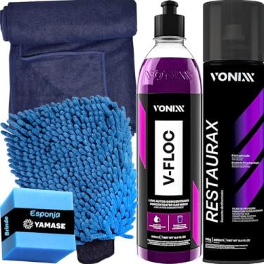 Imagem de Vonixx Kit Restaurador Plástico Restaurax Spray 400ml Vonixx Shampoo V-floc + Toalha Secagem 50X90 Detailer Luva Microfibra