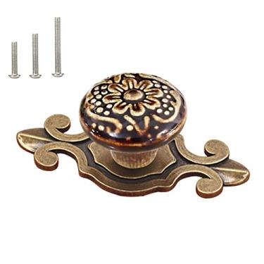 Imagem de HUAMULAN Pacote com 10 puxadores de cerâmica retrô vintage cômoda de cozinha com pétalas de armário puxadores de gaveta, puxador marrom com placa traseira de base de bronze