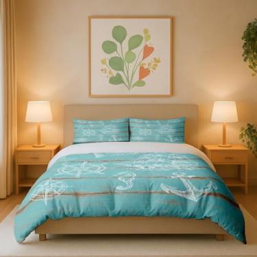 Imagem de Conjunto de capa de edredom náutico oceânico, conjunto de cama costeira de 3 peças com estampa de vida marinha, âncora, navio, bússola e roda, capa de edredom macio para casa de praia ou quarto