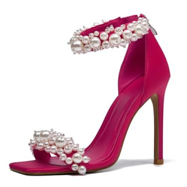 Imagem de GOSERCE Sandália feminina de salto agulha pérola aberta bico quadrado salto alto tornozelo zíper cetim vestido de festa de casamento para mulheres salto alto, Rosado em C, 34