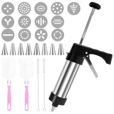 Imagem de Kit de prensa de biscoitos para assar, prensa de biscoitos de aço inoxidável, pistola de prensa de biscoito de aço inoxidável com 13 discos de biscoito e 8 pontas de tubulação, suprimentos de