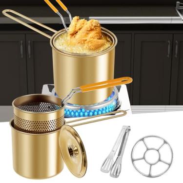 Imagem de Frigideira profunda, fritadeira pequena com cesta, mini fritadeira dourada de aço inoxidável com pinça e tampa, fritadeiras japonesas de tempura para fritar peixe camarão frango, frango, funciona a