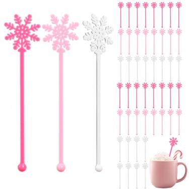 Imagem de FYSUIMU 48 peças misturadores de café floco de neve, rosa, branco, floco de neve, coquetel, palitos para bebidas de plástico de inverno, palitos para barra de chocolate quente, suprimentos de Natal