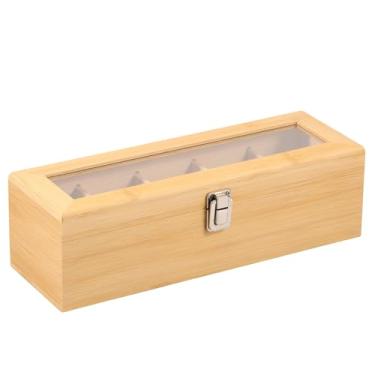 Imagem de Organizador grande de armazenamento de chá de bambu natural com janela superior de acrílico transparente, 5 compartimentos para saquinhos de chá ecológico, caixa de armazenamento multifuncional