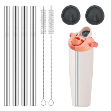 Imagem de Substituição de canudo de 4 peças, compatível com acessórios de garrafas e copos FreeSip da Owala de 850 g e 1,134 g, 4 canudos reutilizáveis de aço inoxidável com 2 escovas de limpeza e 2 tampas de