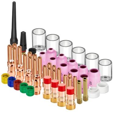 Imagem de AWLOLWA Kit de acessórios para tocha de soldagem TIG 63 peças pinças copo de vidro corporal de alumínio bocal de gás Stubby Lens #10 Kit de copo Pyrex para TIG WP-17/18/26 (63-PCS)