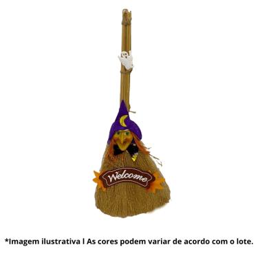Imagem de Enfeite Vassoura Bruxa Halloween Welcome 45cm