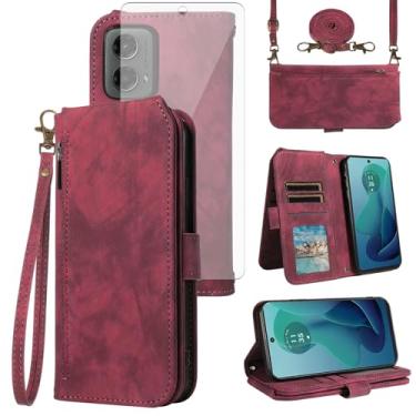 Imagem de Asuwish Capa para celular Motorola Moto G 5G 2024 carteira com protetor de tela de vidro temperado alça transversal alça flip zíper suporte para cartão de crédito suporte móvel G5G 5 G G5 mulheres