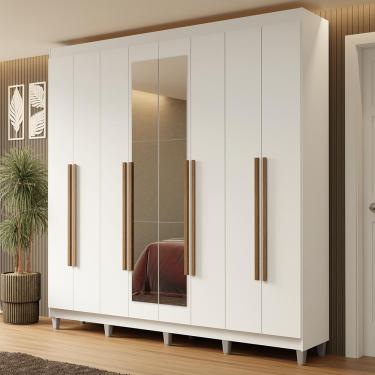 Imagem de Guarda-Roupa Casal com Pés 8 Portas Batentes com Espelho Branco/Branco/Rustic Netuno Madesa