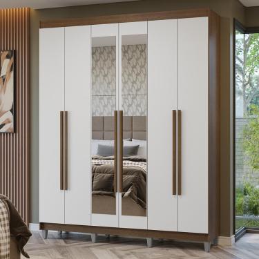Imagem de Guarda-Roupa Casal com Pés 6 Portas Batentes com Espelho Rustic/Branco/Rustic Netuno Madesa