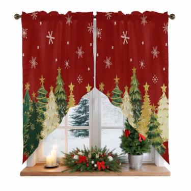 Imagem de Cortinas de Natal para Janelas Verde Amarelo Pinheiro Rod Pocket Tratamento de Janela Floco de Neve Estrelas Vermelho Cozinha Janela Cortinas Swag Cortina Valance para Sala de Estar, Quarto 142 cm L x