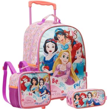 Imagem de Kit Mochila Rodas 16 Princesas Lancheira E Estojo Escolar